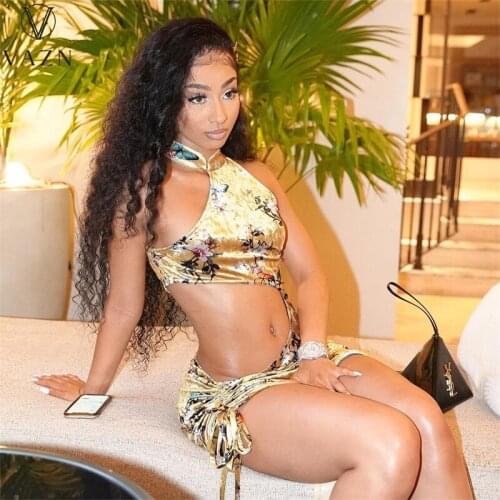 VAZN 2021 Fashion Print Bikini Sleeveless Bandage Bodycon O-neck Mini Dresses Shinny Night Party Shinny Slim Dress