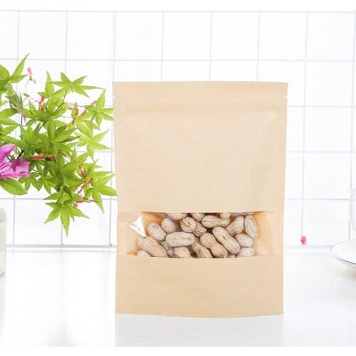 30*40+6 Food Moisture Barrier Bags Packaging sealing pouch Brown Kraft Paper Doypack Pouch with clear Window