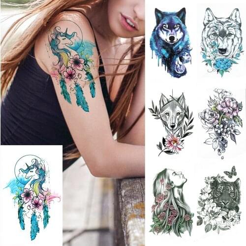 Watercolor Unicorn Temporary Tattoos For Kids Women Men Wolf Lily Flower Tattoo Sticker Harajuku Tiger Cherry Daisy Waist Tatoos