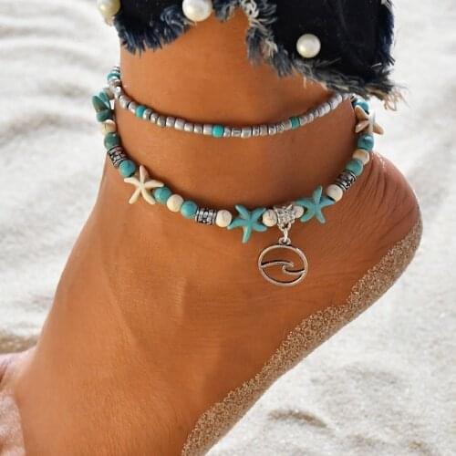 Bohemian Beach Wave Starfish Beaded Foot Chain Anklets Double Layered Pendant Adjustable Ankle Bracelets on Leg for Women