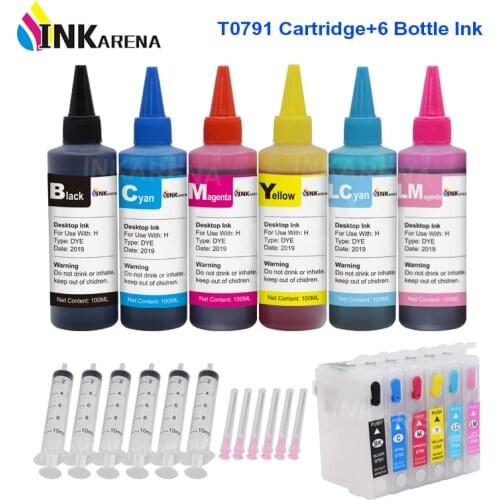 INKARENA T0791 Empty Refillable Ink Cartridges + 6×100ml Bottle Printer Ink For Epson Stylus Photo 1400 1500W P50 Artisan 1430