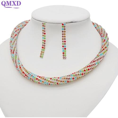 Crystal Bridal Jewelry Sets Rhinestone Silver Plated Wedding Acessories Charm Necklace Earrings Sets For Women