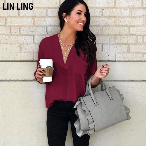 LINLING Fashion Design Niche Retro Slim V-Neck Long Sleeve Solid Long Chiffon Top