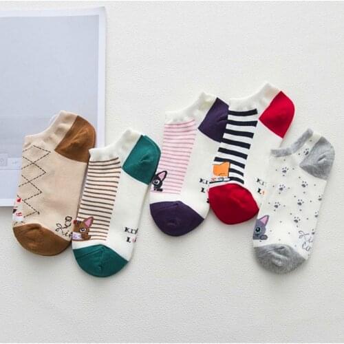 5 Pairs/Lot Women Socks Animals Cartoon Cat Joker Cotton Short Socks Ladies Concise Korean College Style Breathable Sox Trendy