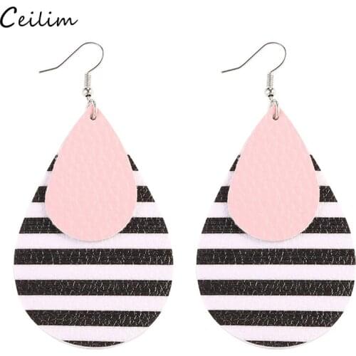 2020 New Layered Waterdrop Leather Earring for Women Pink Black Striped Big Long Water Drop Dangle Earrings Fashion Boho Jewelry