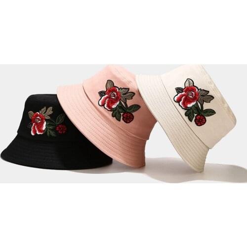 New Fashion Bucket Hats For Women 3D Peony Flower Embroidered Summer Sunbonnet Fedoras Chapeau Fisherman Cap De Pescador Gorro