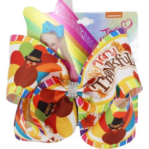 NEW Thanksgiving Bowknot Turkey Grosgrain ribbon Pompom 8inch Hair Bows for Girls Kids Hairgrips Hairpins BOWS