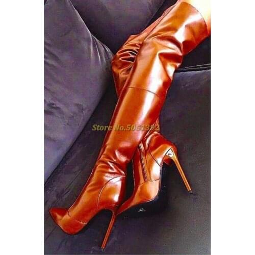 Laser Sexy Boots Shining Over The Knee Slouch Zipper Runway Dress Boots Pointed Toe Thin High Heel Solid Boots