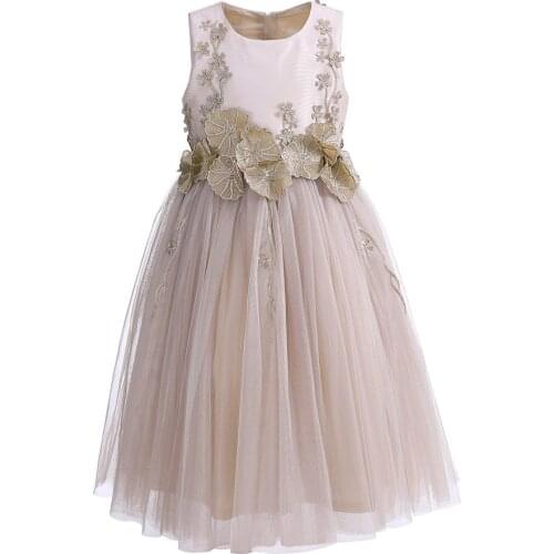 Apricot Girl Dress Party Outfit for Children Flower Nature Embroidery Layered Tulle Knee Length Size 5 6 7 8 9 10 11 Years Old