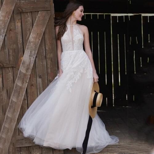 O-Neck Sexy Back Appliques Lace See Through Top Pleats Tulle A-Line Wedding Dress 2021 Vestido De Noiva Bridal Gown