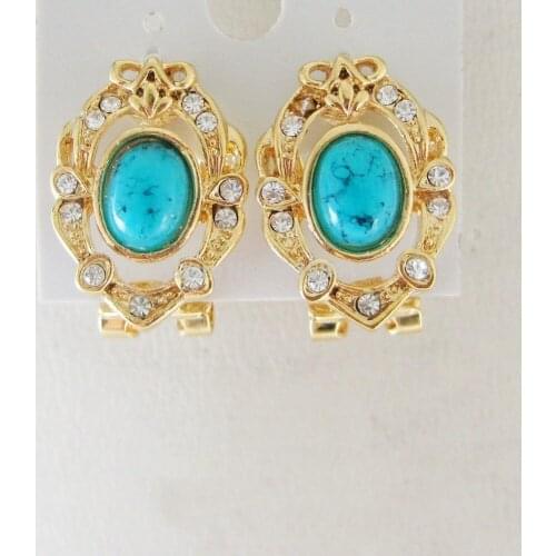 ORDER 10$ GET FREE SHIPPING/ YELLOW GOLD GP STUD CLIP CZ BLUE STONE 0.79"*0.59" EARRING/GREAT GIFT