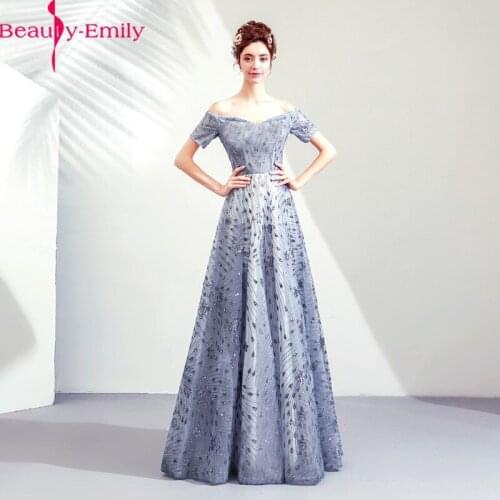 100% Real Photo Blue Off the Shoulder Evening Dresses 2020 Elegant Sweetheart Tulle Floor Length Appliques Sequined Formal Gowns
