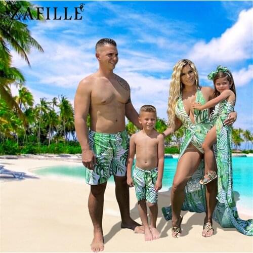 ZAFILLE Family Matching Swimsuit Mother Daughter Leaf Print One Piece Swimwear Skirt Suit Women Bathing Suit Men Swimsuits