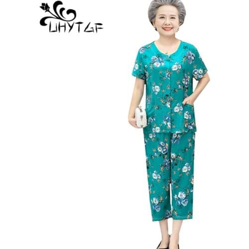 UHYTGF Women Home Clothes Middle-Aged Elderly Thin Summer Two-Piece Set Print Cotton Silk 4XL Plus Size Pajamas Suit Female 1425