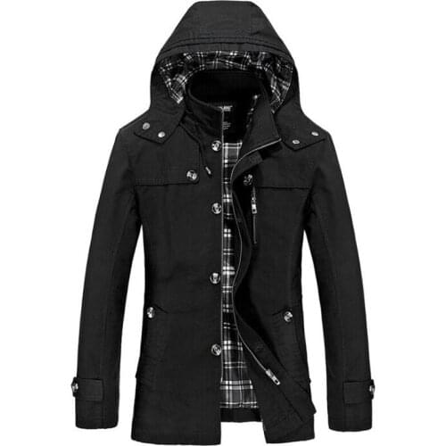 New Jacket Men Autumn Winter Windbreaker Slim Fit Long Jackets Mens Casual Outwear Cotton Windproof Washed Hooded Trench Coats