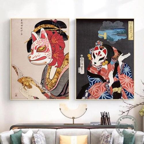 Vintage Cartoon Japanese Masked Geisha Posters and Prints Traditional Personality Color Canvas Painting Home Bedroom Decoration