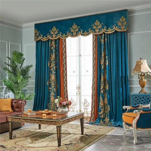 Custom curtains High-quality European embroidered velvet thick duplex sky blue cloth blackout curtain tulle valance drape C129