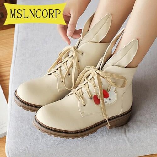 Big Size 34-43 Platform Ankle Boots Women Lace Up Platform Shoes Woman Lovely Sweet Rabbit Ears Lolita Shoes Women Boots Leather