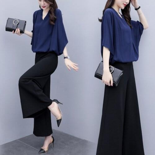 Women Pants Suits Fet for Work korean Style 2 Piece Elegant Chiffon High Waist Wide Leg Trousers Spring Summer Clothes Plus Size