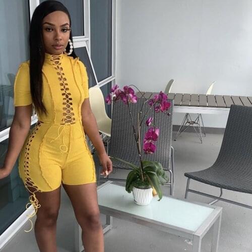 Sexy Hollow Out Lace-up Bandage Playsuit for Women Biker Shorts Streetwear One Piece Outfits Party Club Rompers Womens Jumpsuit