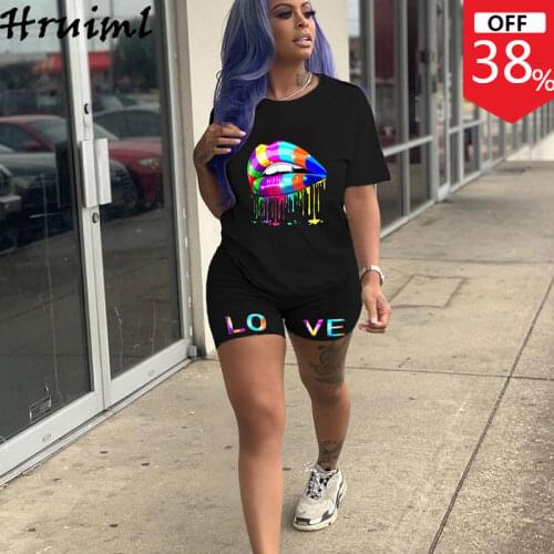 Streetwear Women Two Piece Set Lips Printting Short Sleeve Top&Short Pant Womens Set Casual Homewear Fashion Summer Set Women