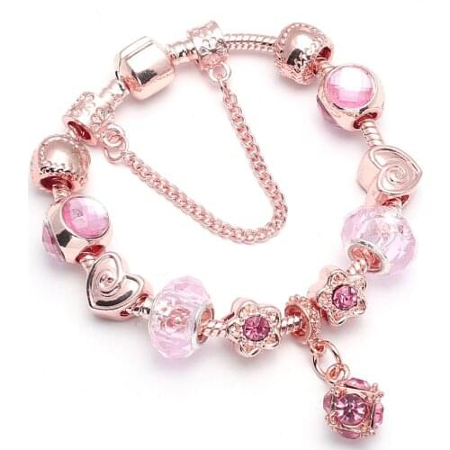 Vintage Rose Color Charm Bracelet For Women with Flower Pendant & Rose Gold Crystal Ball Brand Bracelets Dropshipping