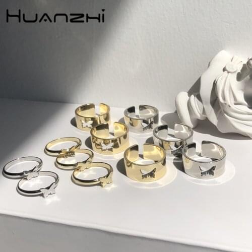 HUANZHI 2021 New Silver Colour Set Vintage Hollow Butterfly Black Drip Glaze Heart Rings for Women Girls Party Jewelry Gifts