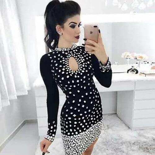 New Winter Celebrity Party Dress Women Knee Length Bodycon Dresses Sexy Long Sleeve Shining Beading Bandage Dresses Vestidos