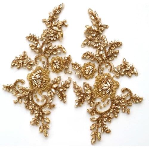 1pair Luxury Glass Rhinestone embroidered lace appliques for wedding dresses Beads lace applique patches Embroidery parches ropa