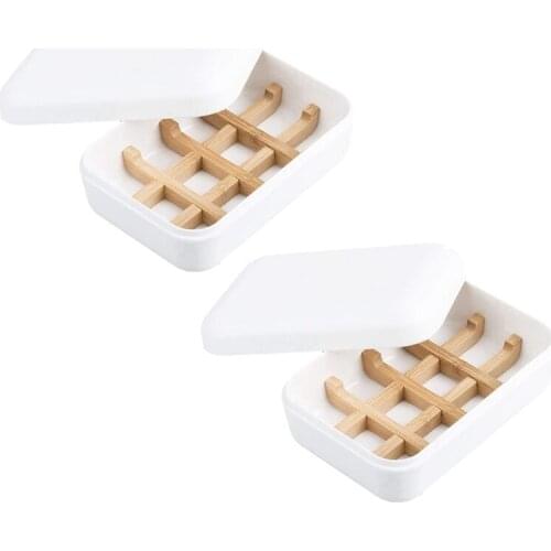 2 Pack Wooden Soap Dishes with Lid for Bathroom Bar Soap Holder Shower Soap Box Sink Deck Bathtub Shower Tray (White)