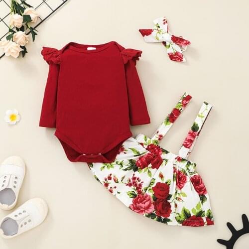 2021 New Spring Autumn Clothes Set Baby Infant Girls Clothes Outfits 3Pcs Romper Floral Skirts hairband 0-18M Fashion Clothing