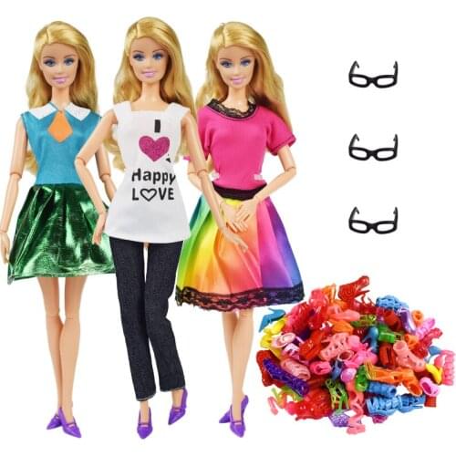 9 Item/Set Doll Accessories=3 Pcs Doll Clothes+ 3 Pcs Glasses + Random 3 Pairs Shoes for 12 Inch Doll Accessories Girl Toy Gifts