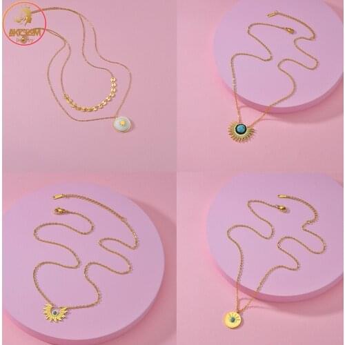 Akizoom 4 Design Fashion Necklaces Sunflower Turquoise Round Star Pendant Necklaces Stainless Steel for Women Jewelry Party Gift