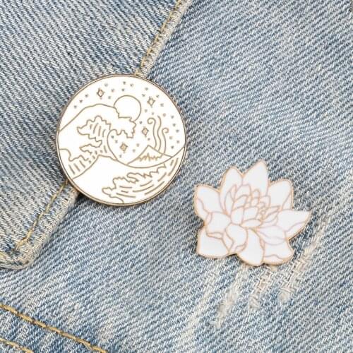 White Round Brooch Sea Wave Lotus Flower Enamel Pins Cartoon High Quality Metal Badge Custom Button Jewelry Gift For Friend Girl
