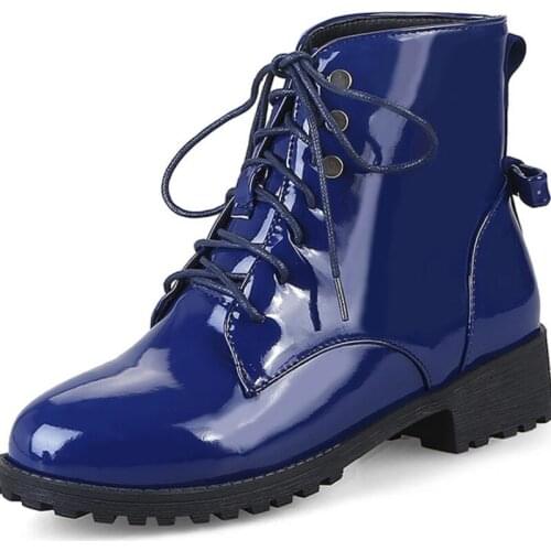 Womens Boots Patent Leather Lace Up Combat Boots Women Autumn Winter Shoes Low Heels Martin Boots Ankle botas femininas WSH4144