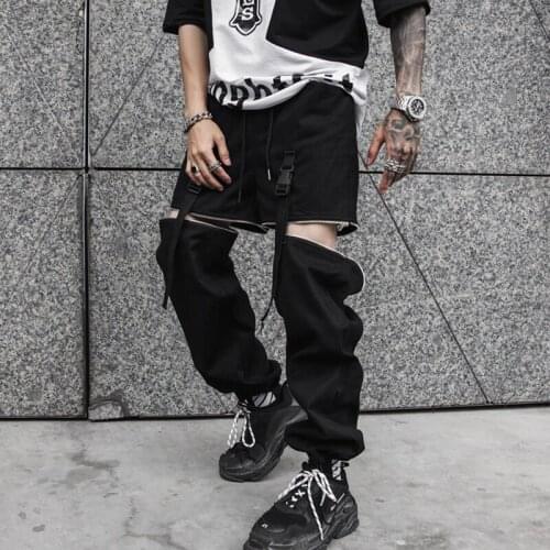 New Dismountable Leg Black Mens Jogger Trousers Autumn Hip Hop Fashion Ribbons Male Pencil Straight Harem Pants Streetwear