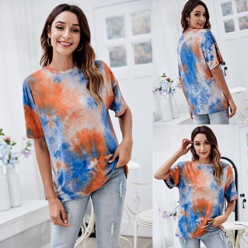 Summer T Shirt Women Fashion Sets tie-dye Milk Silk Collar Casual Loose t-shirts Short Sleeves 2021 Harajuku Tshirt ZSW9438