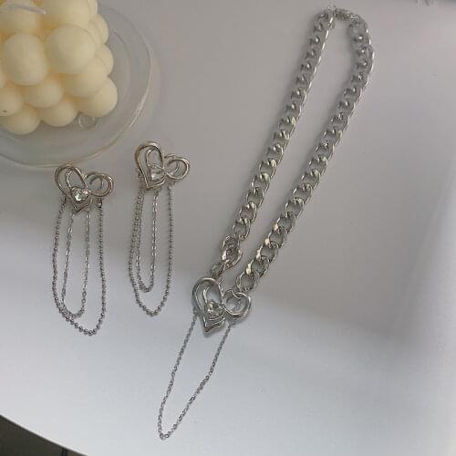 Hot Sale Metal Love Heart Tassel Necklace For Women Earring New Design Gothic Clavicle Chain Hip-Hop Personality Fashion Jewelry