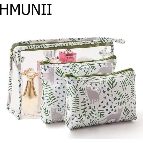 HMUNII 3-piece Waterproof PVC Packaging Storage Bag Girls Travel Clear Toiletry Orignizer Multifunction Travel Accessories
