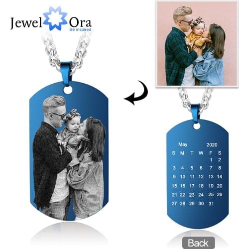 Customized Photo Necklaces for Men Black Blue Color Stainless Steel Engraved Calendar Necklace Personalized Gifts for Boyfriend
