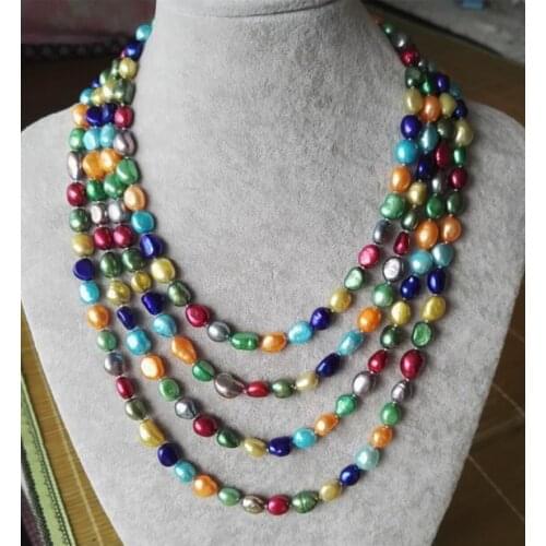 Beautiful Multicolor Natural Freshwater Pearl Necklace AA 8-9MM 4 Rows Baroque Pearl Jewelry ,Handmade New Free Shipping