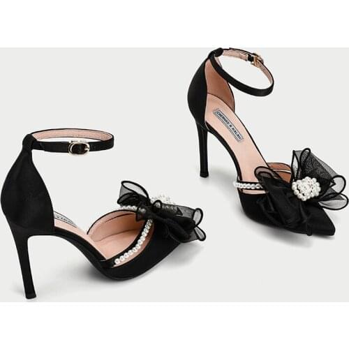 Summer new style pointed stiletto high-heeled large size small size satin bow wedding shoes low-heeled party dress female sandal