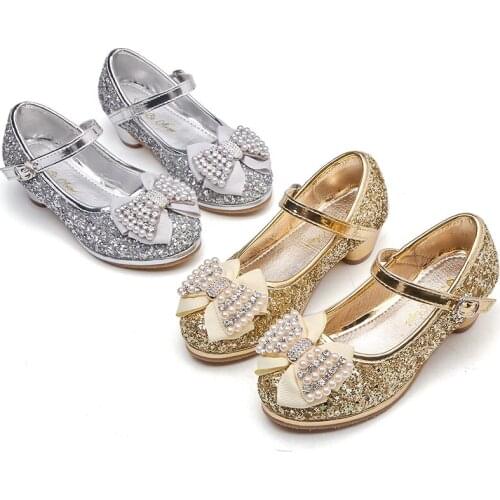 Girls dress shoes high heels rhinestone crystal with pearls bow-knot sequins glitter leather children kids party wedding shoes