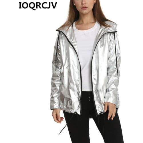 2019 Fashion Womens Spring Autumn Jacket Long-Sleeved Gold PVC Zipper Female Windbreaker Hooded Waterproof Bomber Jackets R781