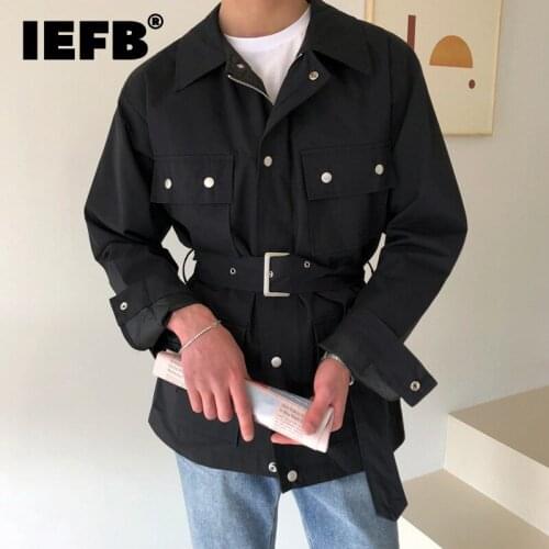 IEFB Mens Workwear Short Style Windbreaker 2021 Autumn New Black Khaki Trench Coat With Belt Lapel Single Breasted Cloat 9Y9422