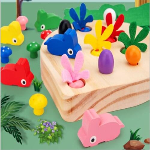 Montessori Education Bunny pull radish to eat radish childrens wooden puzzle spelling carrot game toy