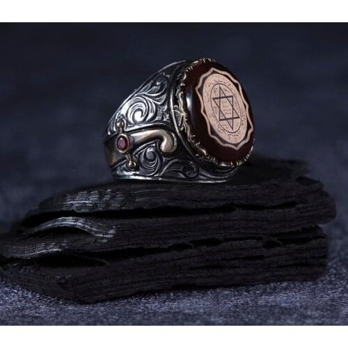 Fiery Amber 925 Sterling Silver Seal of Souleyman Engrave Traditional Handmade Turkish Signet Ring Jewelry Gift for Women Men