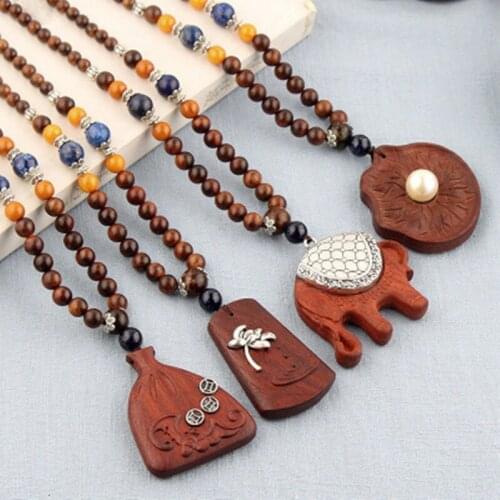 Ethnic Ebony Wooden Alloy Mixed Pendant Necklace New Punk Wooden Chunky Long Leather Necklace Handmade Wood Pendant Necklac