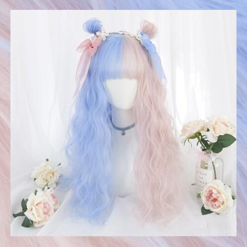 Gradient Ramp Champagne Lolita Cosplay Wig Big Wavy Curly Blue Flaxen Periwig Halloween Cosplay Costume For Adult Women