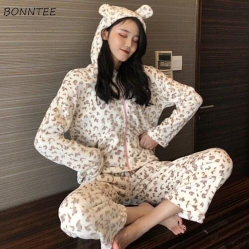 Pajama Sets Women Long Sleeve Coral Velvet Thicker Hooded Soft Leopard Sweet Lovely Home Female Sleepwear Winter Warm Stylish